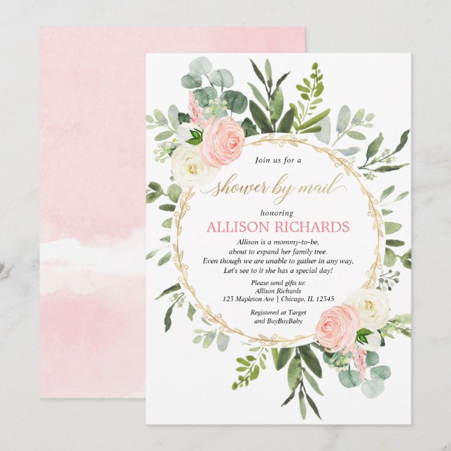 Dusche mit der Post rosa goldfarbene Dusche für Kl Einladung (Vorne/Hinten)