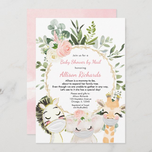 Dusche mit der Post rosa grüne goldene Mädchendusc Einladung (Vorne/Hinten)