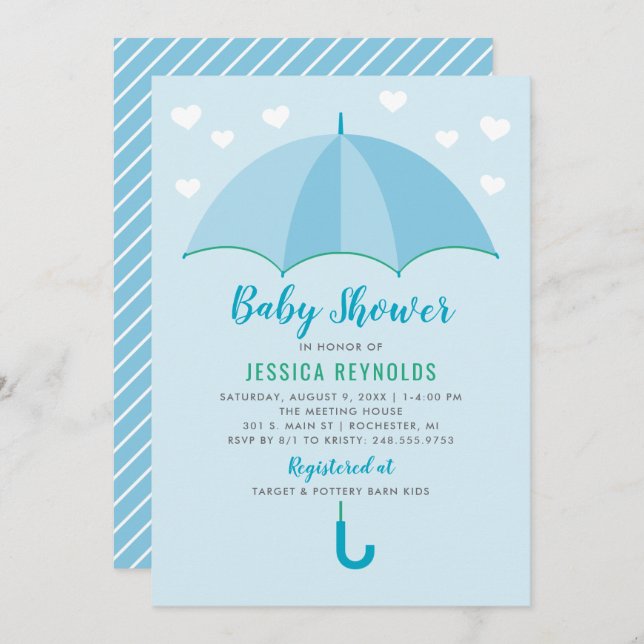 Dusche mit Liebe Blue Umbrella Boy Baby Dusche Einladung (Vorne/Hinten)