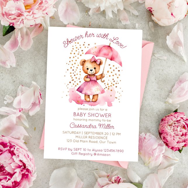 Dusche mit Liebe Mädchen Teddy Bär Babydusche Einladung (Shower with love girl teddy bear baby shower template invitation digital download cute teddy umbrell)