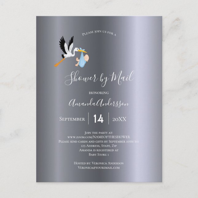 Dusche mit Mail Stork Baby Junge niedlich Postkarte (Vorderseite)