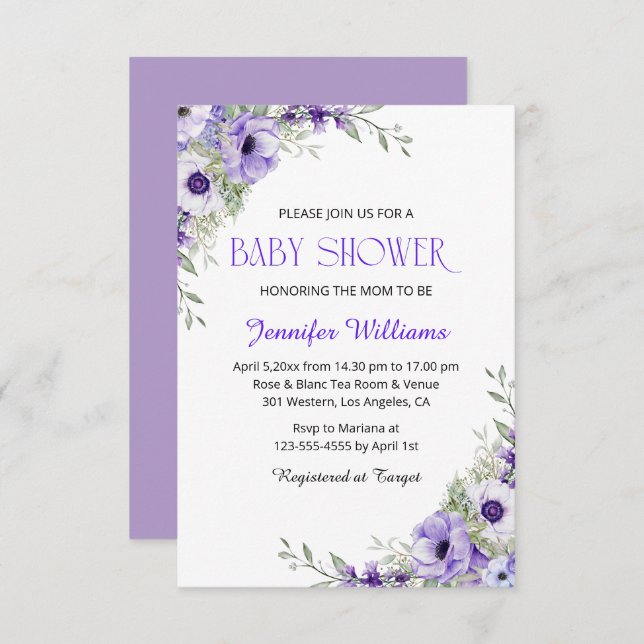 Dusche mit violett-violetten Wasserfarben Einladung (Vorne/Hinten)