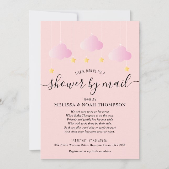 Dusche per Post Lange Entfernung Pink Baby Girl Einladung (Vorderseite)