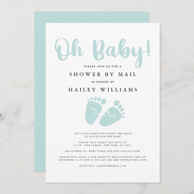 Dusche per Post | Oh Baby Mint Green Baby Feet Einladung (Vorne/Hinten)
