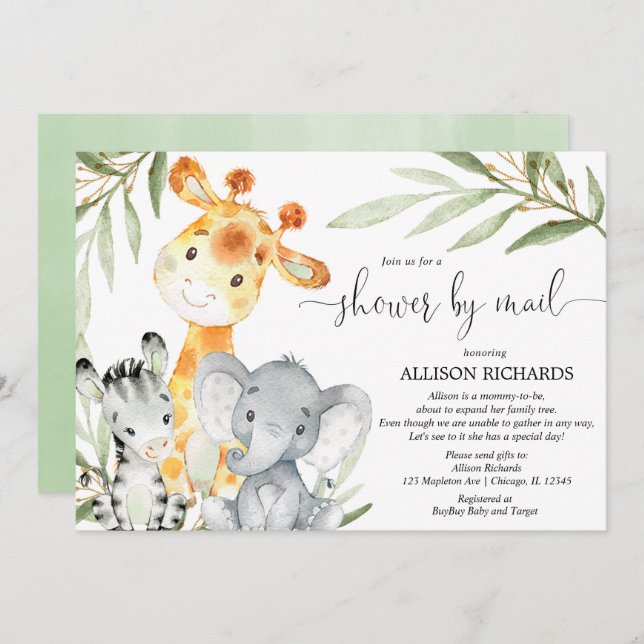 Dusche per Post Safari geschlechtsneutrale Babydus Einladung (Vorne/Hinten)