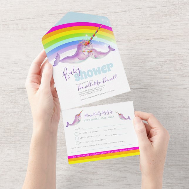 Dusche Regenbogenfarben mit Babydusche All In One Einladung (Abreißen)