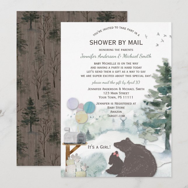 Dusche von Mail Forest Woodland Bear Girl Baby Einladung (Vorne/Hinten)