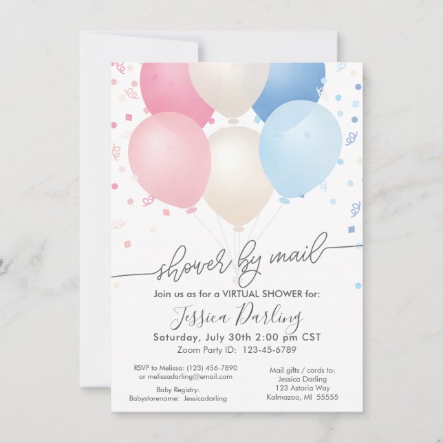 Dusche von Mail Pink und Blue Balloons und Confett Einladung (Vorderseite)
