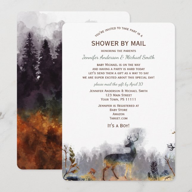 Dusche von Mail WatercolorForest Woodland Deer Bab Einladung (Vorne/Hinten)