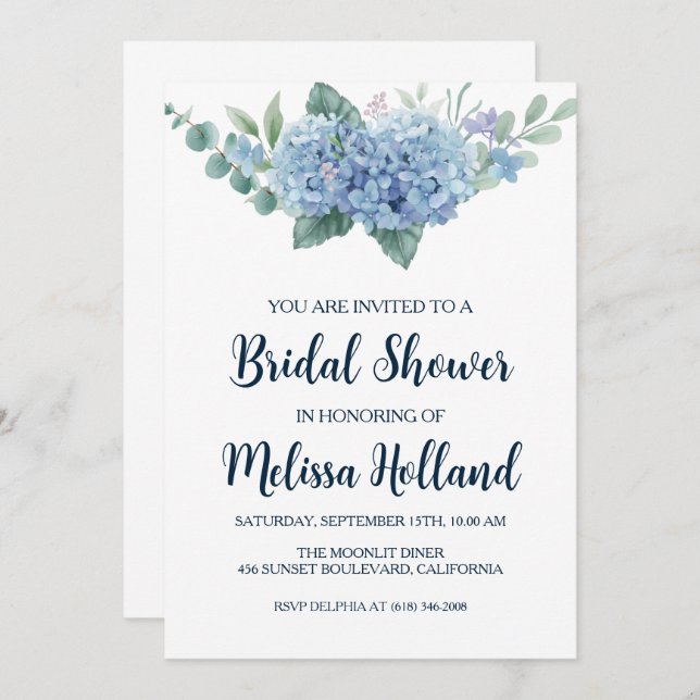 Duschkabine aus blauem Hydrangea Einladung (Vorne/Hinten)