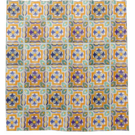 Duschvorhang aus orange-grünen und blauen Fliesen