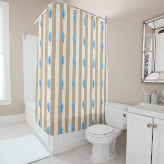 Duschvorhang Beige Streifen Blaue Blätter