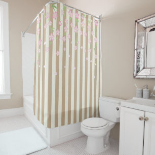 Duschvorhang Beige Streifen Rosa Blumen 