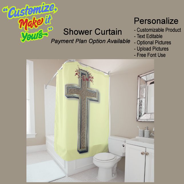 Duschvorhang gelb Hintergrund (Cross Biblical Shower Curtain Featuring a Yellow Background.)