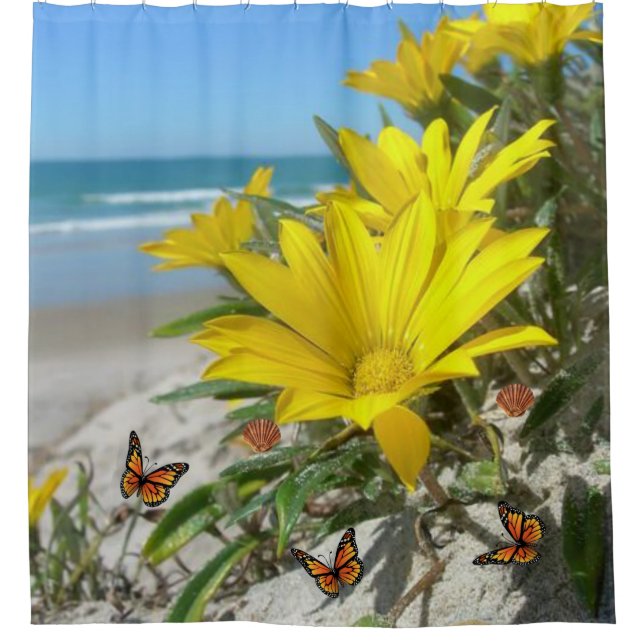 Duschvorhang, gelbe Blume, Strand Duschvorhang (Vorderseite)