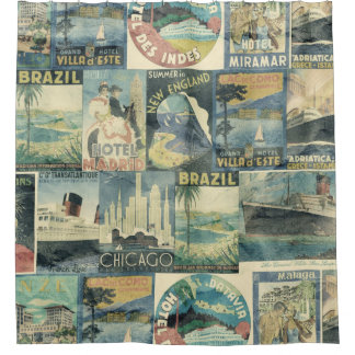 Duschvorhang mit Vintage-Reiseetiketten-Collage