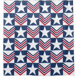 Duschvorhang mit weißen Sternen Blau und Rote Pfei