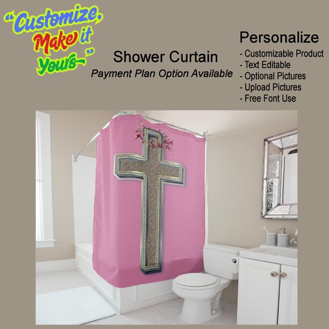 Duschvorhang rosa Hintergrund (Cross Biblical Shower Curtain Featuring a Pink Background.)