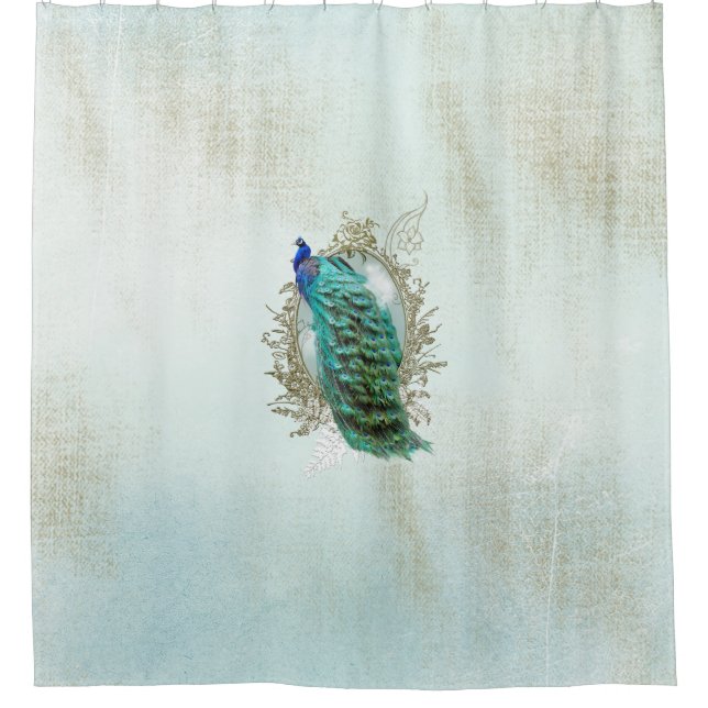 Duschvorhangpfau, Türkis, Vintag, schäbig Duschvorhang (Vorderseite)