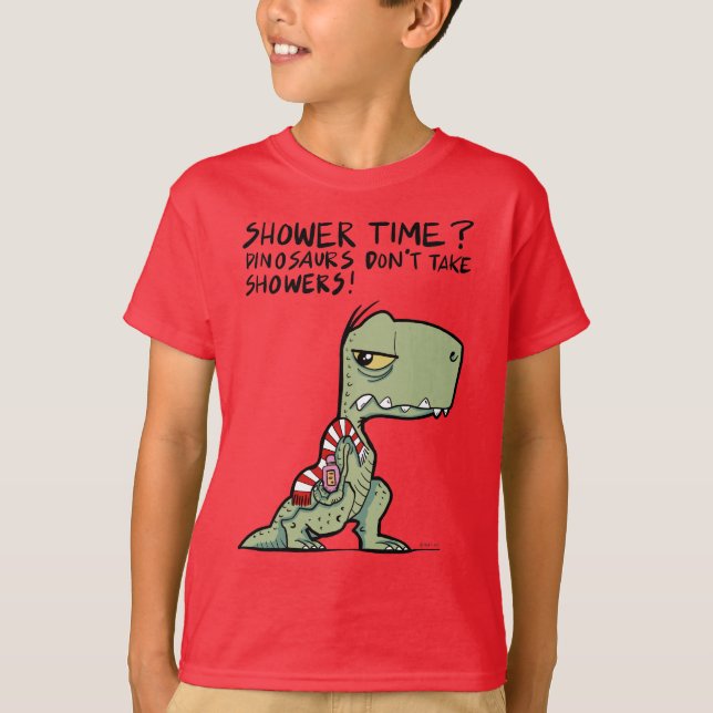 Duschzeit? Funny Green T-Rex Dinosaur Cartoon T-Shirt (Vorderseite)