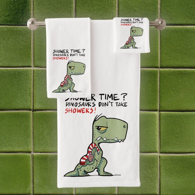 Duschzeit? Funny T-Rex Dinosaur Cartoon Badhandtuch Set (Shower Time? Funny T-Rex Dinosaur Cartoon Towel Set)