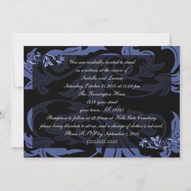 Dusk Blue Damask Goth Wedding Einladung (Vorderseite)
