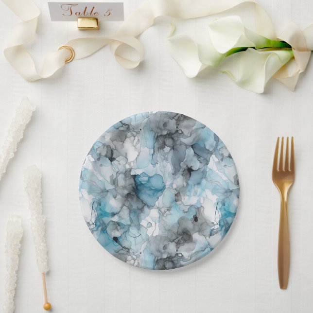 Dusk Blue Gray Alcohol Liquid Ink Wirbel Pappteller (Hochzeit)