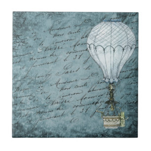 Dusk Blue Hot Air Ballon Steampunk Handwriting Fliese