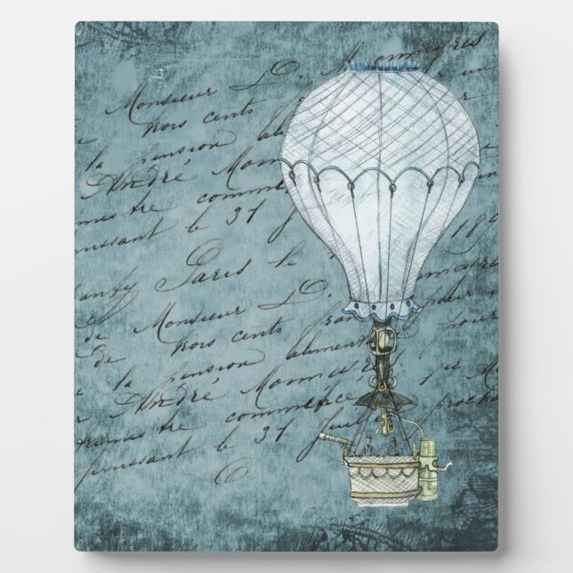 Dusk Blue Hot Air Ballon Steampunk Handwriting Fotoplatte (Vorderseite)