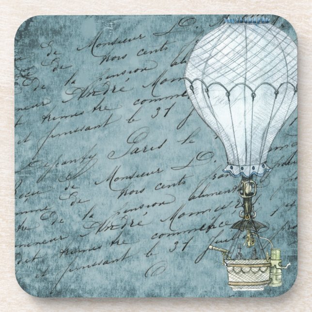 Dusk Blue Hot Air Ballon Steampunk Handwriting Getränkeuntersetzer (Vorderseite)