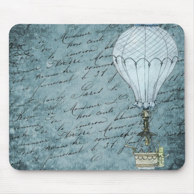 Dusk Blue Hot Air Ballon Steampunk Handwriting Mousepad (Vorne)