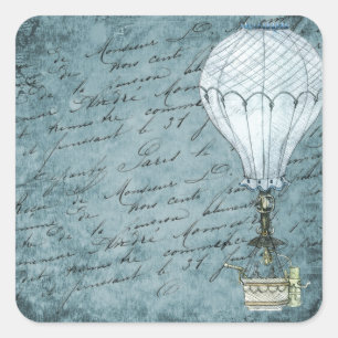 Dusk Blue Hot Air Ballon Steampunk Handwriting Quadratischer Aufkleber