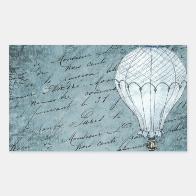 Dusk Blue Hot Air Ballon Steampunk Handwriting Rechteckiger Aufkleber (Vorderseite)