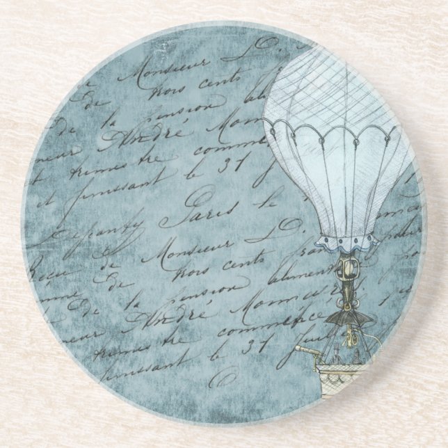 Dusk Blue Hot Air Ballon Steampunk Handwriting Sandstein Untersetzer (Vorne)