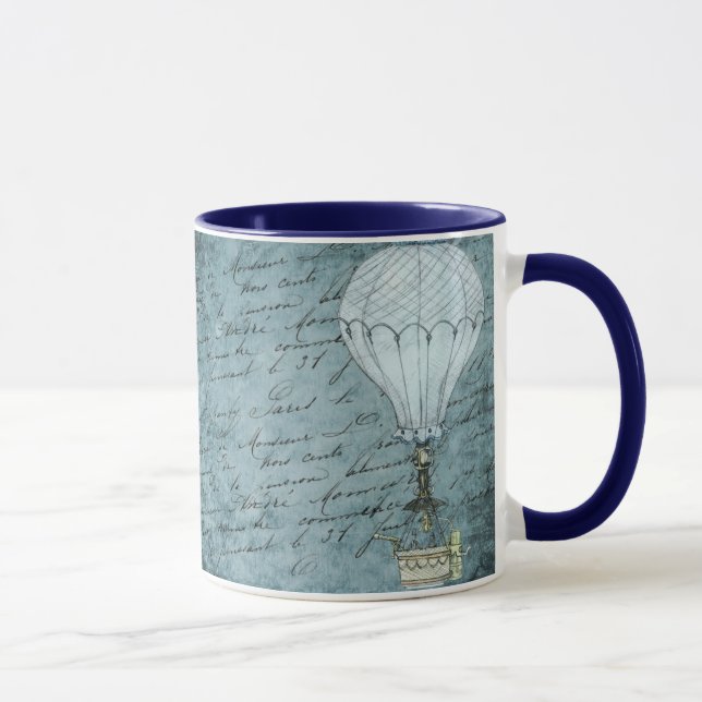 Dusk Blue Hot Air Ballon Steampunk Handwriting Tasse (Rechts)