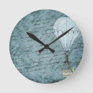 Dusk Blue Hot Air Balloon Steampunk Handwriting Runde Wanduhr