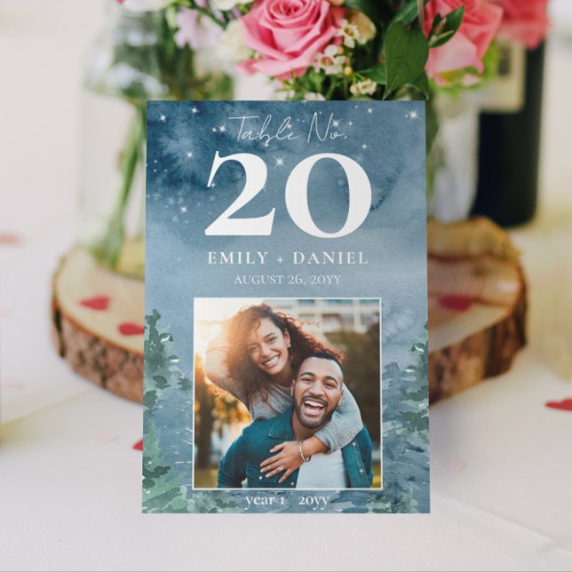 Dusk Blue Mountains Hochzeitstisch Nr. w/Foto 12x1 (Dark Dusk Blue Rustic Mountains Wedding / Event Table Numbers )