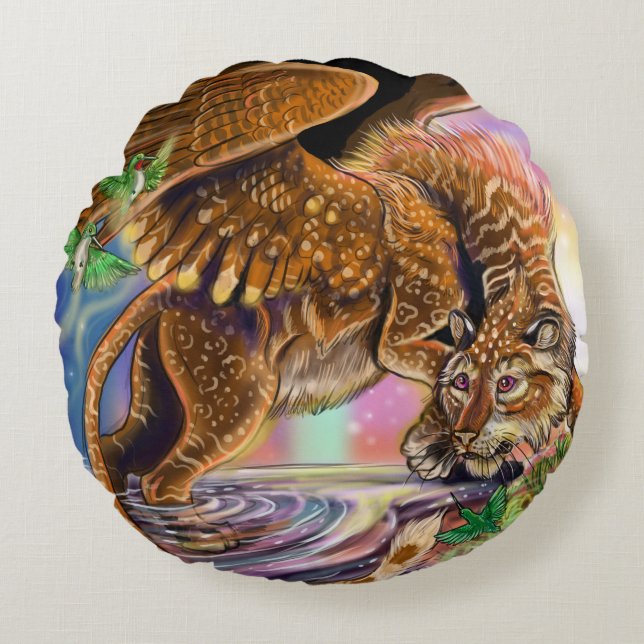 Dusk Hunter Flying Cat Rundes Kissen (Vorderseite)