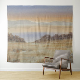 Dusk Lake Blush Wasserfarbe Landschaft Printmedien Wandteppich