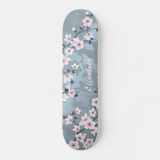 Dusk Pink Grayish Blue Cherry Blossom Monogramm Skateboard (Vorderseite)