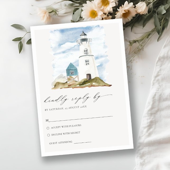 Dusky Aqua Lighthouse Mountain Wedding RSVP Begleitkarte (Von Creator hochgeladen)