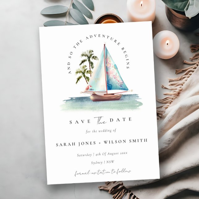 Dusky Aquamarin Blue Sailboat Palm Wasserfarbe Sea Save The Date (Von Creator hochgeladen)