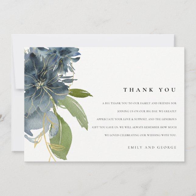 DUSKY BLAUE GOLD GREEN FLORAL WATERCOLOR WEDD DANKESKARTE (Vorderseite)