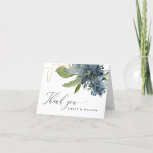 DUSKY BLAUE GOLD GREEN FLORAL WATERCOLOR WEDD DANKESKARTE