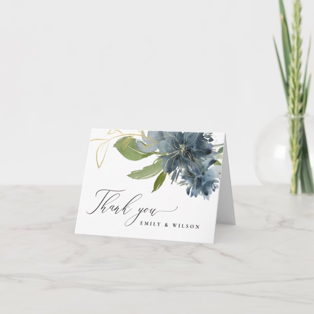 DUSKY BLAUE GOLD GREEN FLORAL WATERCOLOR WEDD DANKESKARTE (Vorderseite)