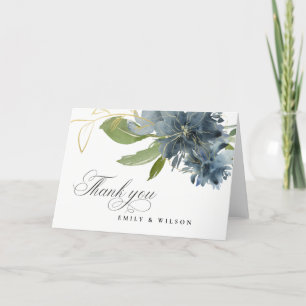 DUSKY BLAUE GOLD GREEN FLORAL WATERCOLOR WEDD DANKESKARTE
