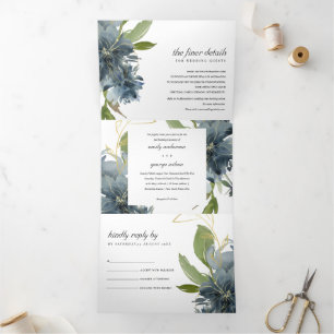 DUSKY BLAUE GREEN GOLD FLORAL WATERCOLOR WEDD DREIFACH GEFALTETE EINLADUNG