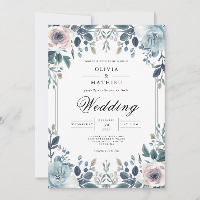 Dusky Blue Botanical Floral Wedding Einladung (Vorderseite)