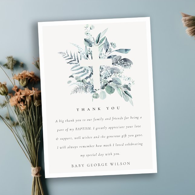 Dusky Blue Eucalyptus Fern Foliage Cross Baptisse Dankeskarte (Von Creator hochgeladen)