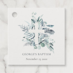 Dusky Blue Eucalyptus Fern Foliage Cross Baptisse Geschenkanhänger